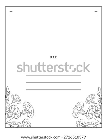 Funeral card with carnations and white background. Church cross and text space.