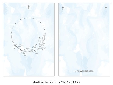 Cartão funerário. Fundo de creme com ilustrações de folha cinza e texto "Until We Meet Again".