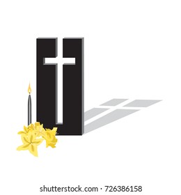 funeral card cross and candle, vector illustration