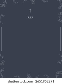 Cartão funerário. Cartão com tema escuro com estrutura botânica circular e design mínimo.