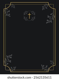 Funeral card. Empty card for funeral with black background and gold frame