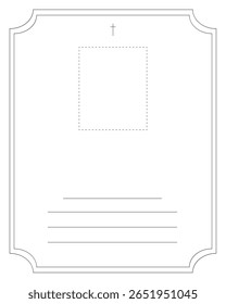 Cartão funerário. Design vazio com moldura cinza elegante e cantos decorativos.