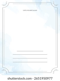 Cartão funerário. Modelo vazio com fundo azul claro de aquarela e borda fina.