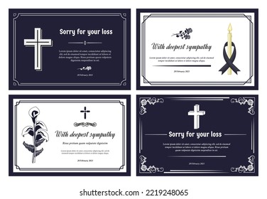 Funeral card layout. Condolence banner with deepest sympathy and sorry for your loss. Frame borders decorative template vector set of funeral grief and remembrance illustration svg