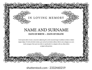 Funeral card. In loving memory of those who are forever in our hearts. Elegant design. Vector illustration.