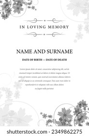 Funeral card. In loving memory of those who are forever in our hearts. Elegant design. Vector illustration.