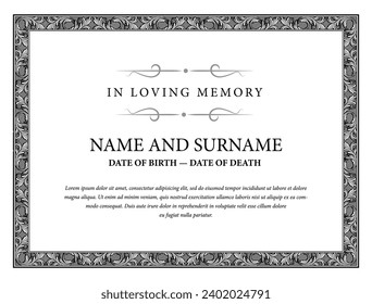 Tarjeta funeraria. En la amorosa memoria de los que están para siempre en nuestros corazones. Diseño elegante. Ilustración vectorial.