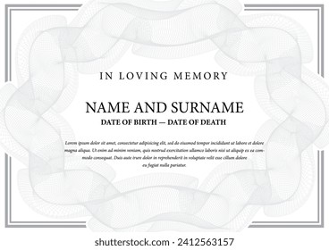 Funeral card. In loving memory of those who are forever in our hearts. Elegant design. Vector illustration.