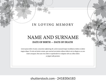 Funeral card. In loving memory of those who are forever in our hearts. Elegant design. Vector illustration.