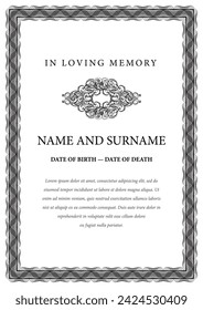 Funeral card. In loving memory of those who are forever in our hearts. Elegant design. Vector illustration.