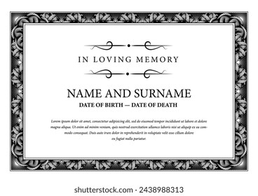 Funeral card. In loving memory of those who are forever in our hearts. Elegant design. Vector illustration.