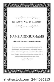 Funeral card. In loving memory of those who are forever in our hearts. Elegant design. Vector illustration.