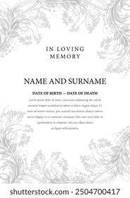 Funeral card. In loving memory of those who are forever in our hearts. Elegant design. Vector illustration.