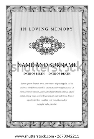 Funeral card. In loving memory of those who are forever in our hearts. Elegant design. Vector illustration.