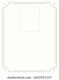Cartão funerário. Borda preta minimalista com espaço para foto e texto de despedida.