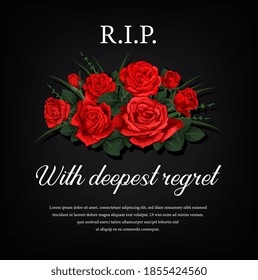 Funeral card with red roses flowers and condolence. Funerary poster, memorial engraving for black gravestone plaque with flowers and typography. Sepulchral plate, obituary condolence banner