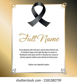 funeral card template with black ribbon and golden background