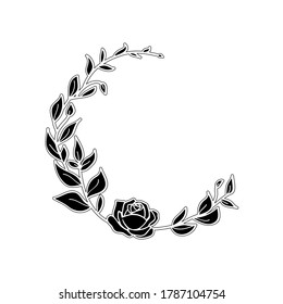 Funeral card template with black wreath made from leafs and rose on white background