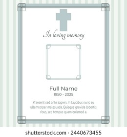 funeral card template with cross and photo frame