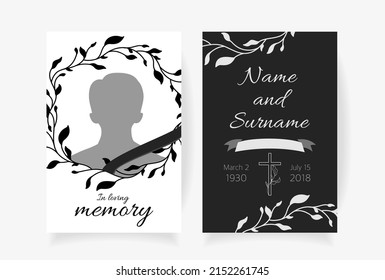 Funeral card template design with branches place under photo cross name and dates of death. Vector illustration 