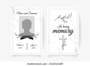 Funeral card template design with branches place under photo cross name and dates of death. Vector illustration 