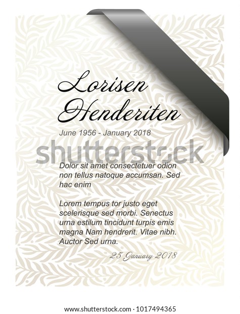 Funeral card template with golden leafs background\
and black ribbon in the\
corner