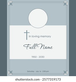 funeral card template with round photo frame and cross