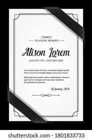 Funeral card vector template with black frame, mourning ribbons in corners, place for name, birth and death dates. Obituary memorial, condolence funeral card design, in loving memory typography