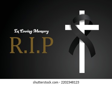 Funeral Card Vector Template. Black Ribbon On White Cross. Obituary Memorial, Gravestone Funeral Card Design. Golden Text RIP On Black Background. Vector Illustration