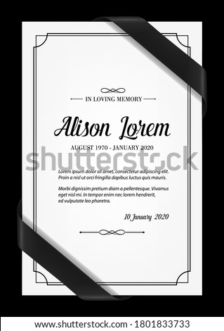 Funeral card vector template with black frame, mourning ribbons in corners, place for name, birth and death dates. Obituary memorial, condolence funeral card design, in loving memory typography Foto stock © 
