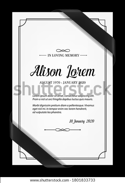 Funeral card vector template with black frame,\
mourning ribbons in corners, place for name, birth and death dates.\
Obituary memorial, condolence funeral card design, in loving memory\
typography