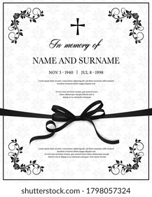 Funeral card vector template, condolence flower ornament with cross, name, birth and death dates. Obituary memorial, gravestone engraving with fleur de lis symbols in corners, vintage funeral card