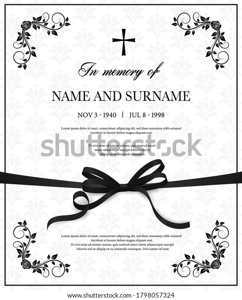 Funeral card vector template, condolence flower
ornament with cross, name, birth and death dates. Obituary
memorial, gravestone engraving with fleur de lis symbols in
corners, vintage funeral
card