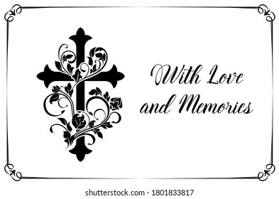 Funeral card vector template with cross and floral ornament or flourishes. Vintage condolence funereal card with frame love and memory typography. Obituary memorial, remembrance retro funeral poster