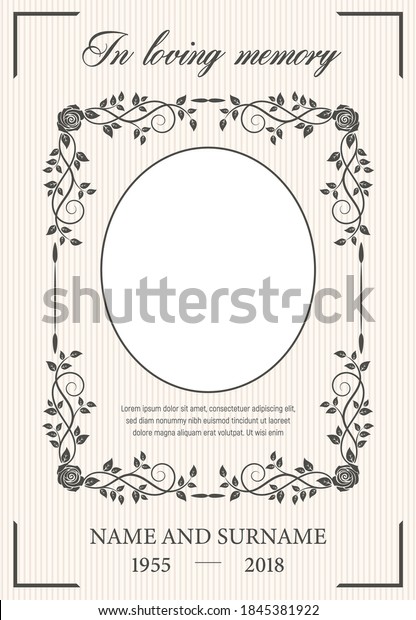 Funeral card vector template with oval frame\
for photo, condolence rose flowers, leaves flourishes, place for\
name, birth and death dates. Obituary memorial, funereal card, in\
loving memory\
typography