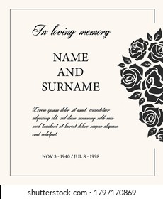 Funeral Card Vector Template, Vintage Condolence Obituary With Typography In Loving Memory And Vintage Rose Flowers, Place For Name, Birth And Death Dates. Mourning Memorial, Funereal Card