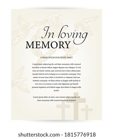 Funeral card vector template, vintage condolence obituary with typography in loving memory, cemetery christian crosses and flying doves above graveyard. Obituary memorial, funeral card, necrologue