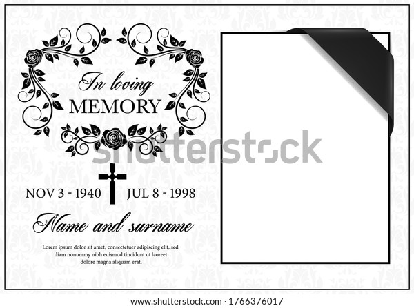 Funeral card vector template, vintage condolence\
flower ornament with cross, place for photo with black ribbon in\
corner, name, birth and death dates. Obituary memorial, gravestone\
funeral card