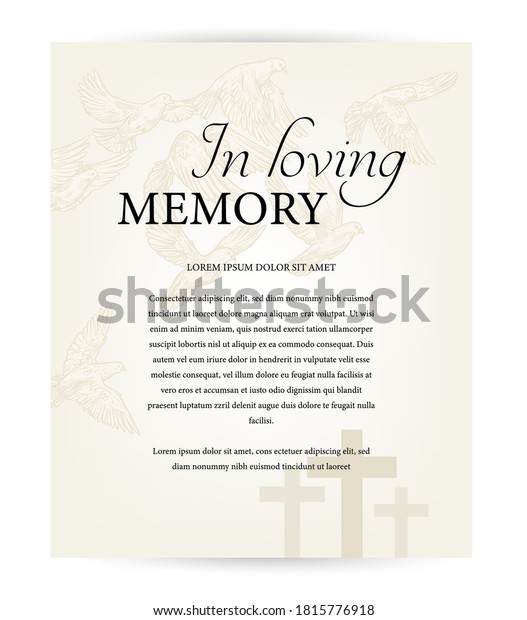 Funeral card vector template, vintage\
condolence obituary with typography in loving memory, cemetery\
christian crosses and flying doves above graveyard. Obituary\
memorial, funeral card,\
necrologue