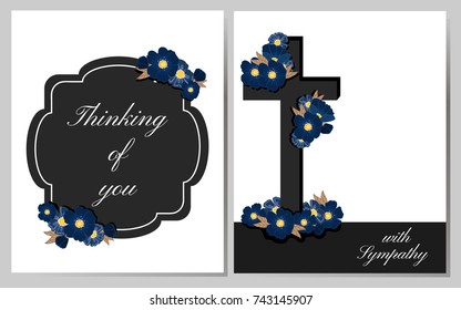 Funeral cards. Vector collection postcard with flowers. With Sympathy. Thinking of you. 