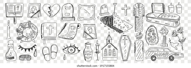 Funeral and cemetery attributes doodle set