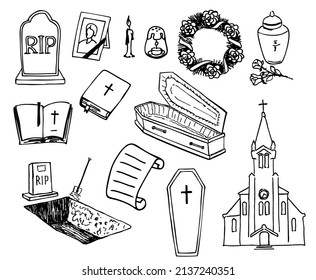 Funeral and cemetery attributes doodle set. Elements hand drawn vector illustration collection. Tombstone, cross, candle and flower wreath vintage sketch. Bereavement, sorrow and cemetery concept