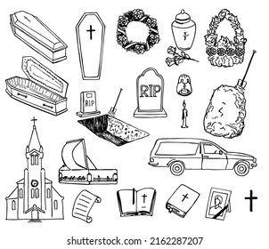 Funeral and cemetery attributes doodle set. Collection of high quality outline Funeral pictograms sketch style. Coffin, grave, wreaths, funeral urn, temple for web design and mobile app on white