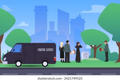 Funeral cemetery ceremony vector cartoon illustration on cityscape. Mourning people in black clothes with flowers standing around the grave. Burial service agency. Funeral car service