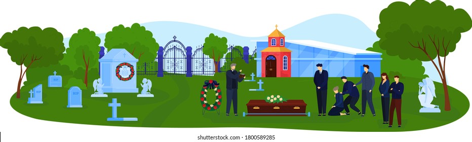 Beerdigung Friedhof Zeremonie Vektorgrafik. Cartoon flache Beerdigung zeremonielle Gruppe trauriger Menschen in schwarzen Trauerkleidung stehend in der Nähe von Sarg auf dem Friedhof, Bestattungsbüro einzeln auf Weiß