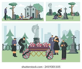 Funeral cemetery ceremony vector illustrations set. Grave with sad people in black clothes standing around coffin. Burial service agency. Priest holding funeral service
