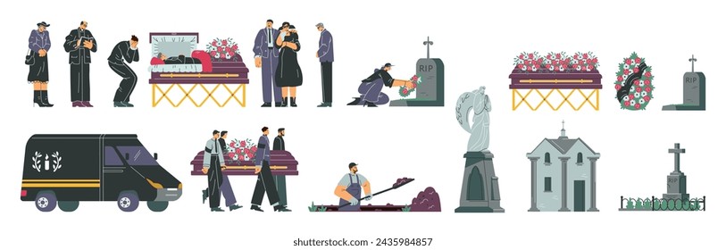 Funeral cemetery ceremony vector illustrations set. Grave with mourning people in black clothes, coffin, wreath, priest, monument, funeral car and church. Burial service agency