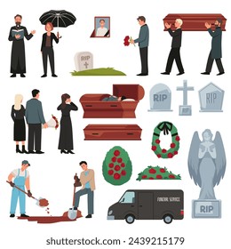 Funeral cemetery ceremony vector illustrations set. Grave, coffin with mourning people in black clothes, flowers wreath, priest, monument, funeral car and grave digger. Burial service agency