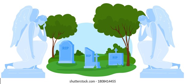 Funeral cemetery graveyard vector illustration. Cartoon flat old marble tomb stones or gravestones with christian cross, RIP text, trees in memorial park landscape. Funeral service isolated on white