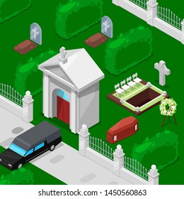 Funeral and cemetery isometric vector illustration. Include church, graves with cross, tombstone, coffin and monument, funeral car. Death ritual.